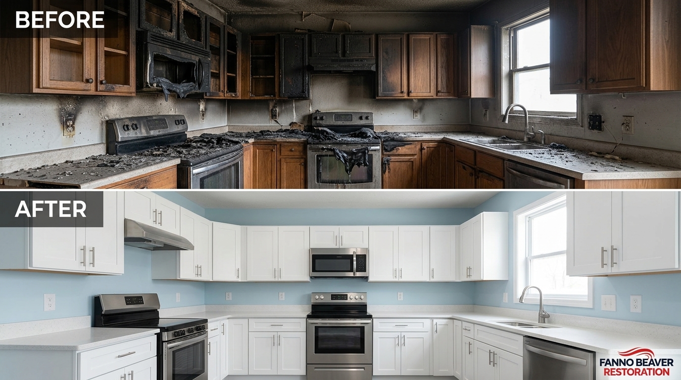 Before and After Kitchen Fire Damage Restoration — Fanno Beaver Restoration Beaverton OR